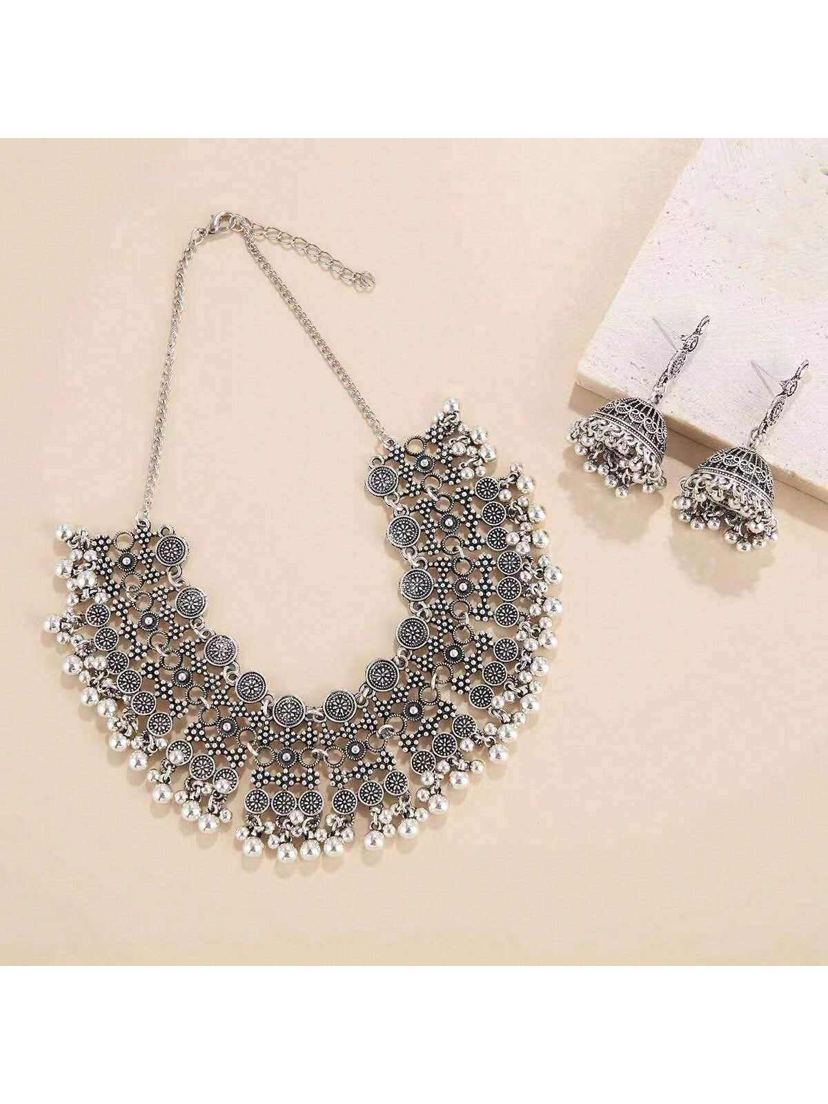SHEIN Faux Pearl Pendant Earrings & Necklace Set Antique Silver
