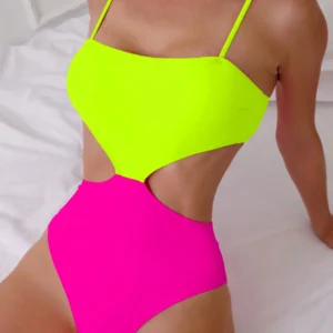 SHEIN New Contrast Color High-End Vacation Style Hollow Out One-Piece Cami Swimsuit