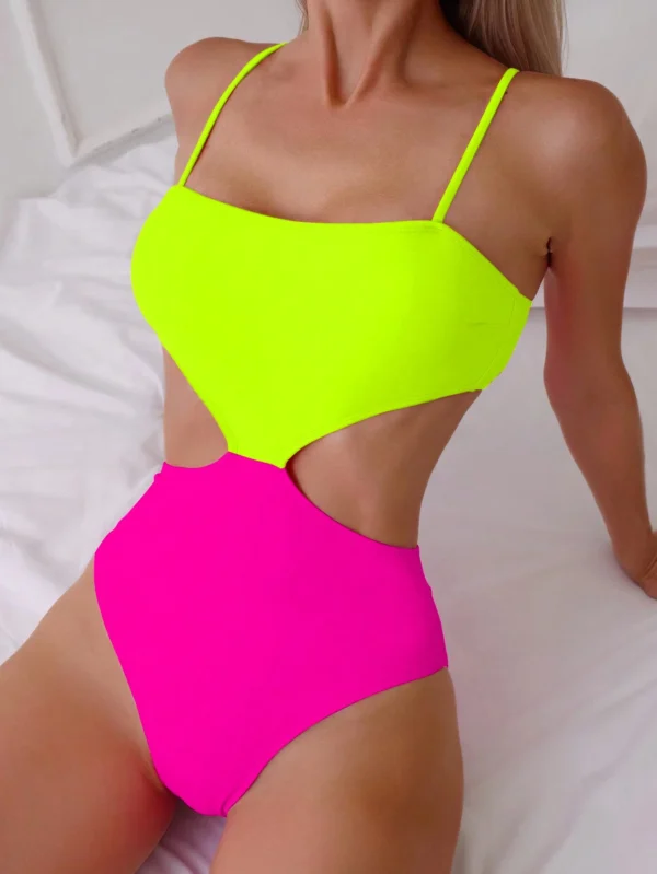 SHEIN New Contrast Color High-End Vacation Style Hollow Out One-Piece Cami Swimsuit