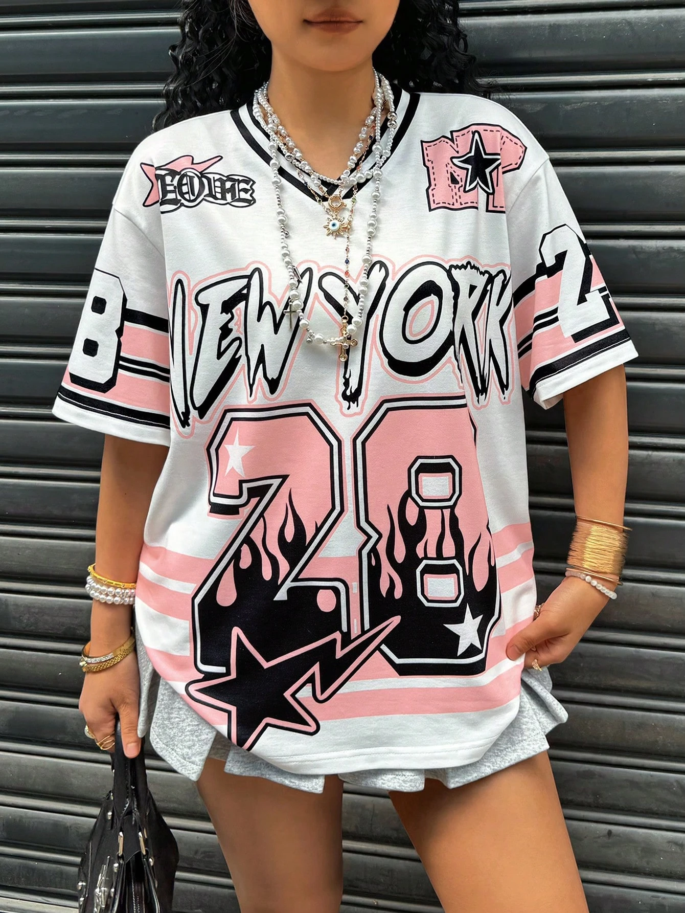 SHEIN Rovax Women V-Neck Short Sleeve Digital & Striped Print T-Shirt