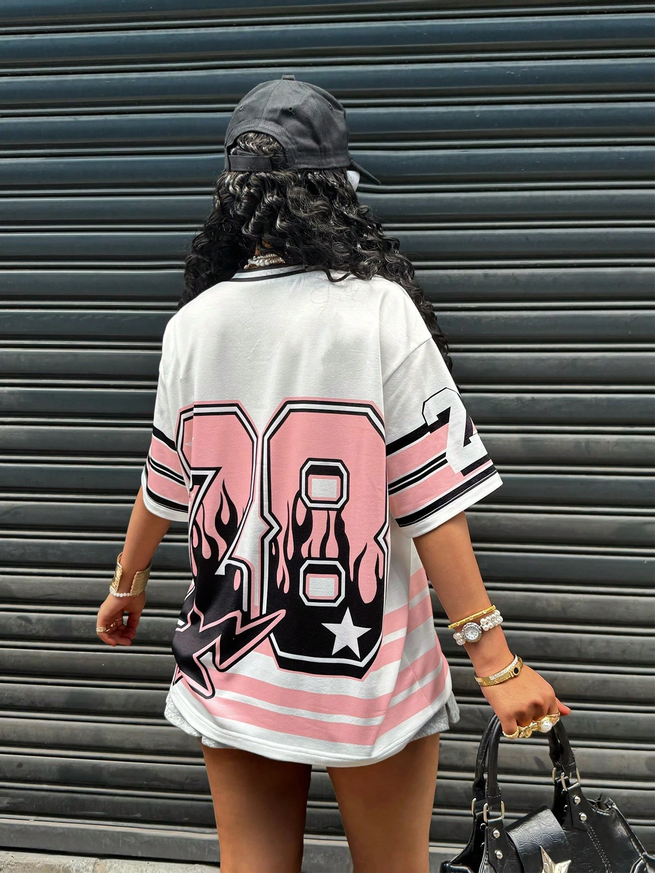 SHEIN Rovax Women V-Neck Short Sleeve Digital & Striped Print T-Shirt