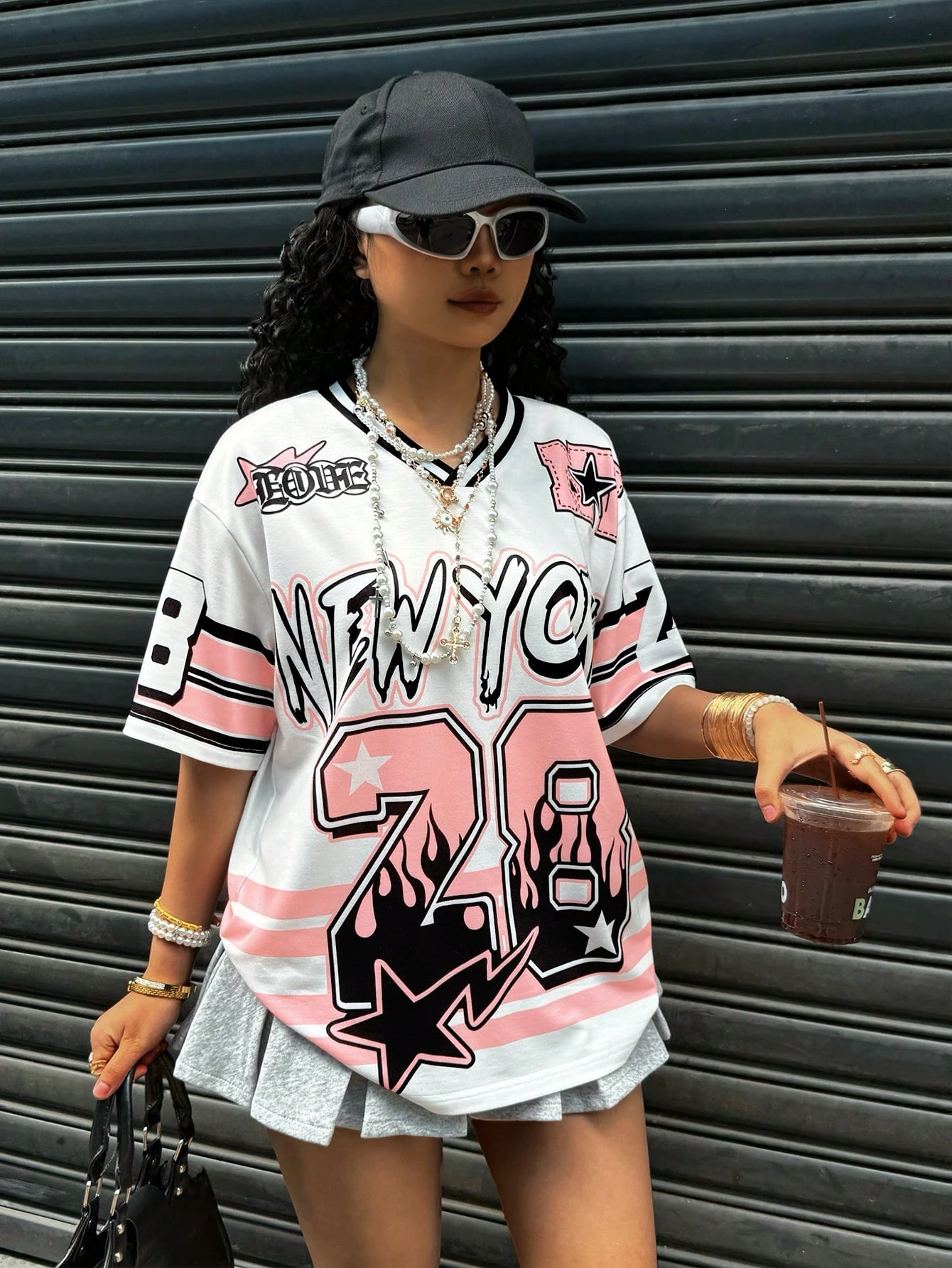 SHEIN Rovax Women V-Neck Short Sleeve Digital & Striped Print T-Shirt