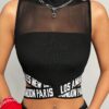 SHEIN SHEIN Coolane Women's Letter Intarsia Mesh Splice Stand Collar Slim Crop Tank Top