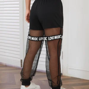 SHEIN EZwear Mesh Panel Letter Tape Drawstring Waist Pants