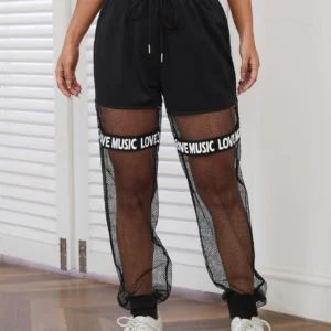 SHEIN EZwear Mesh Panel Letter Tape Drawstring Waist Pants