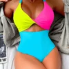 SHEIN Swim Women's Summer Beach Colorblock Button Hollow-Out Sexy Halter One-Piece Swimsuit