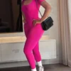 SHEIN Solid Color Short Sleeve Round Neck Slim Fit Jumpsuit