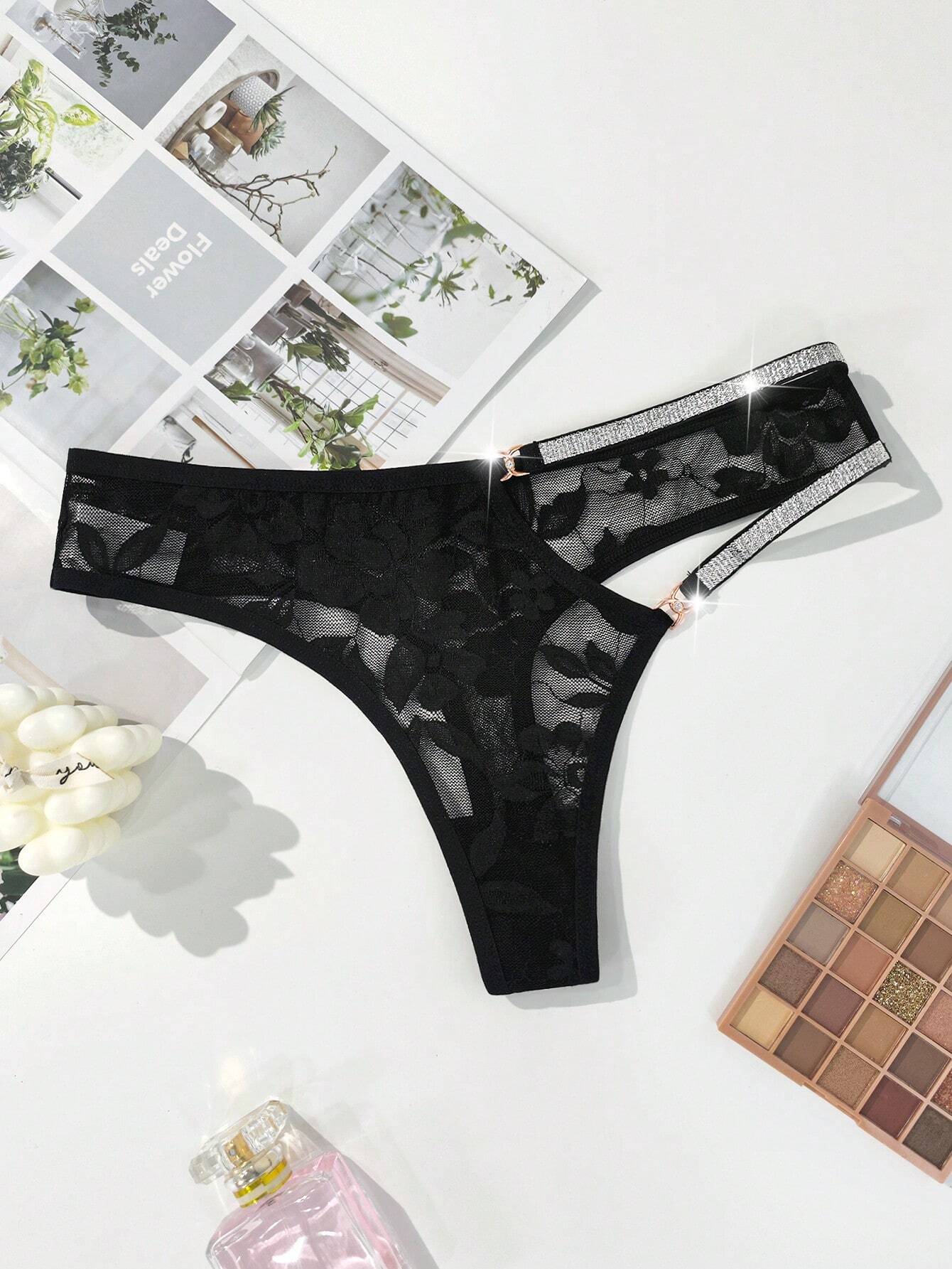 SHEIN Sexy Lace, Rhinestone & Metallic Ribbon Trim Comfortable & Charming Women's G-String Lingerie