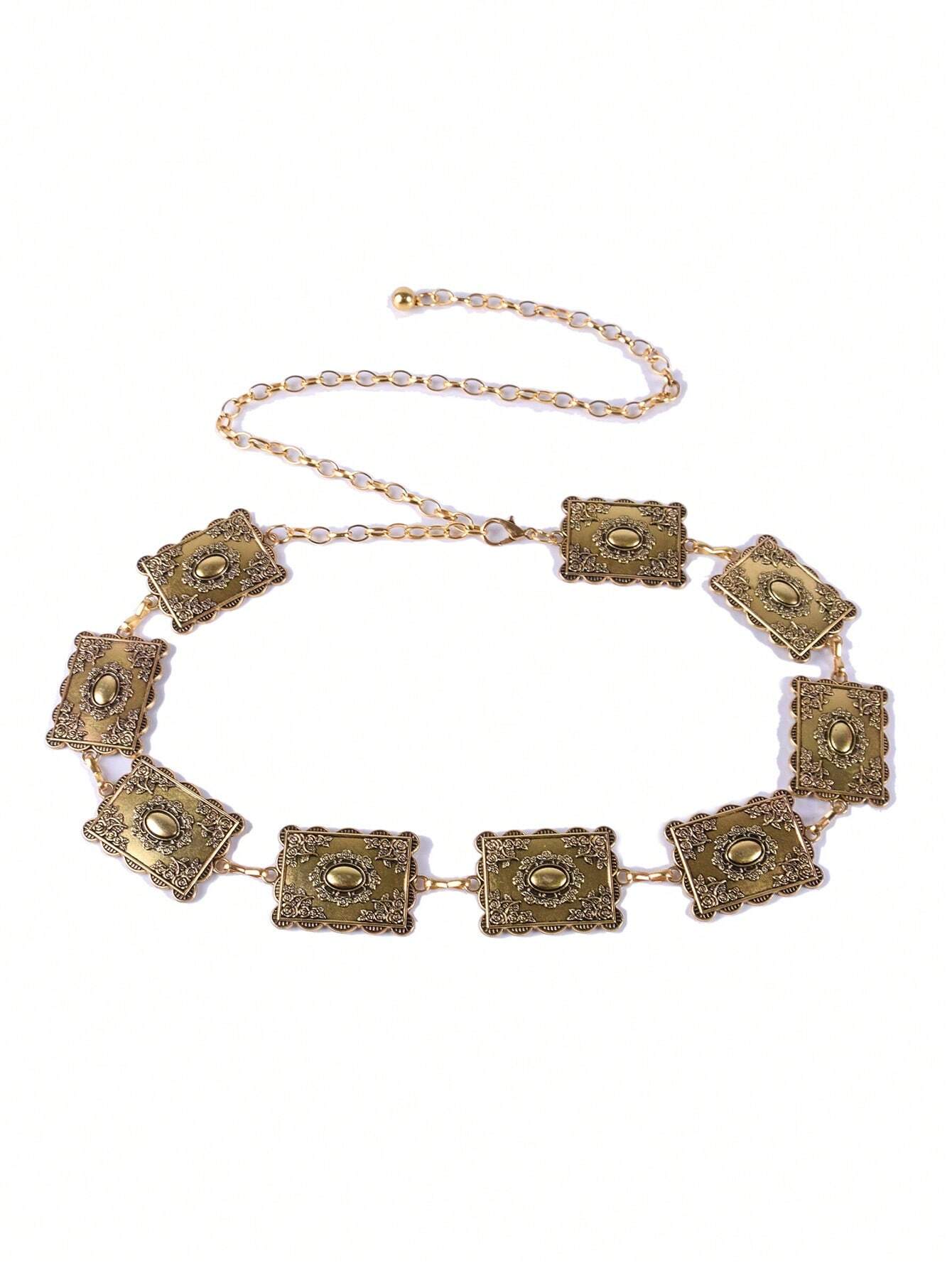 SHEIN Vintage 3D Carved Flower Gold Waist Chain