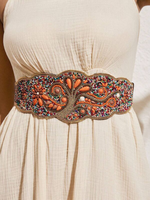 SHEIN Women's Elegant & Romantic Heavy Duty Elastic Turquoise Flower Bohemian Style Waist Belt Casual