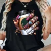 SHEIN Rhinestoned Coffee Print Black T-Shirt