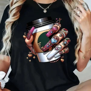 SHEIN Rhinestoned Coffee Print Black T-Shirt