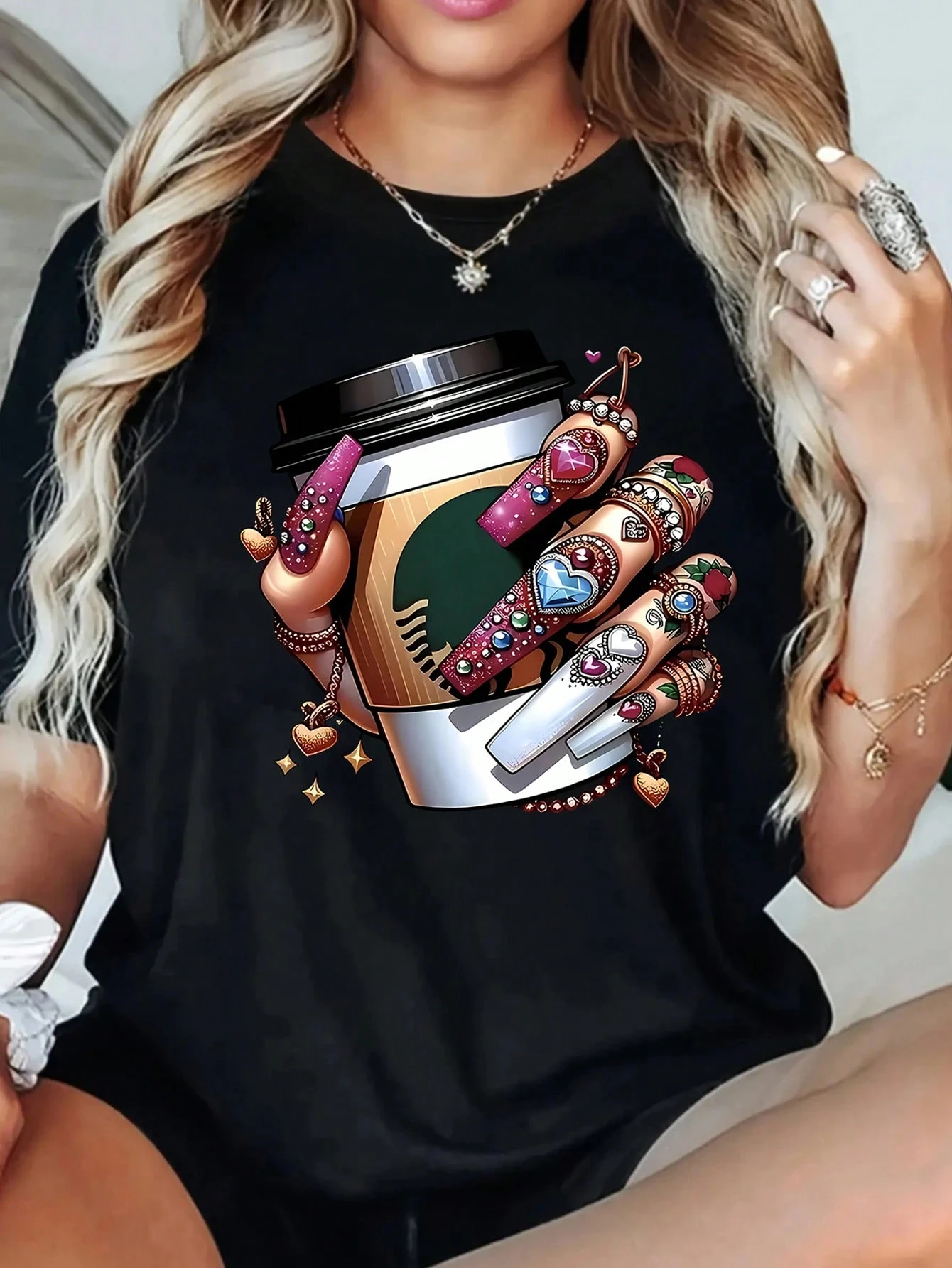 SHEIN Rhinestoned Coffee Print Black T-Shirt