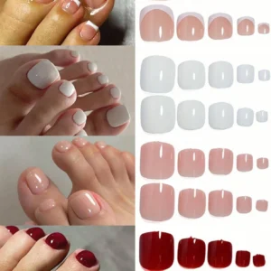 SHEIN 96 PCS /1SET- Red White Nude And French White Border Toenails Fake Toe Nails