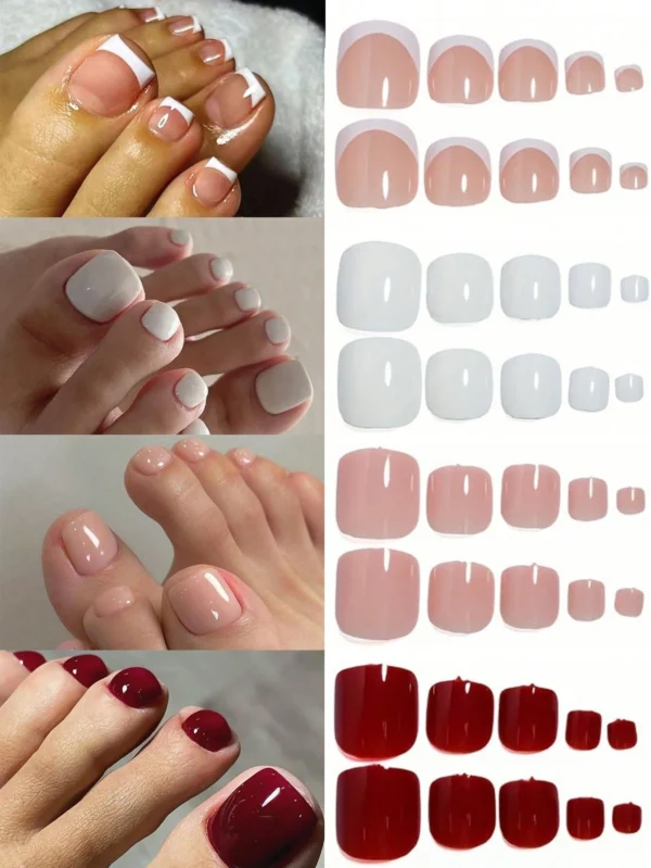 SHEIN 96 PCS /1SET- Red White Nude And French White Border Toenails Fake Toe Nails