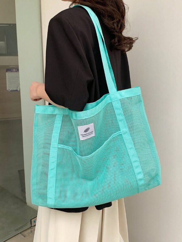 SHEIN Oversized Beach Bag Letter Patch Decor Mesh Design,School Bag,Large