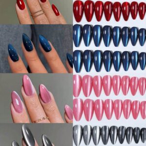 SHEIN Y2K Long Almonds Glossy Aesthetic Blood-Red Crystal Cat Eye Acrylic Press On Nails
