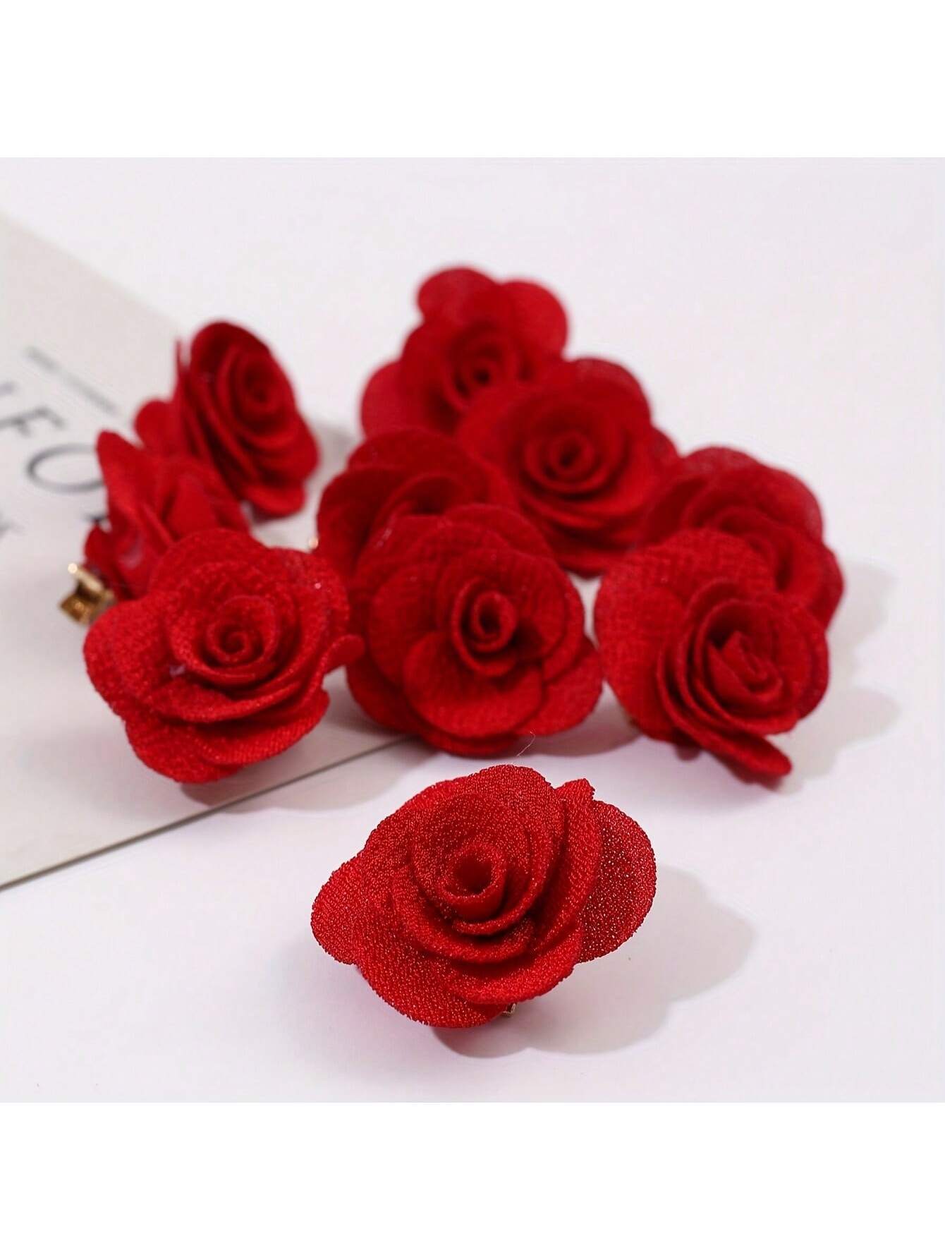 SHEIN 10pcs Romantic Red Fabric Rose Hair Clips
