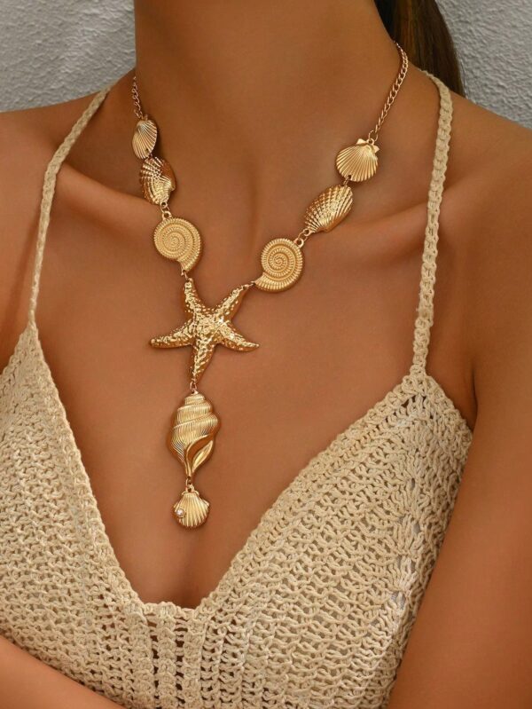 SHEIN Asymmetrical Y-Shape Ocean Style Seashell Starfish Metal Clavicle Necklace
