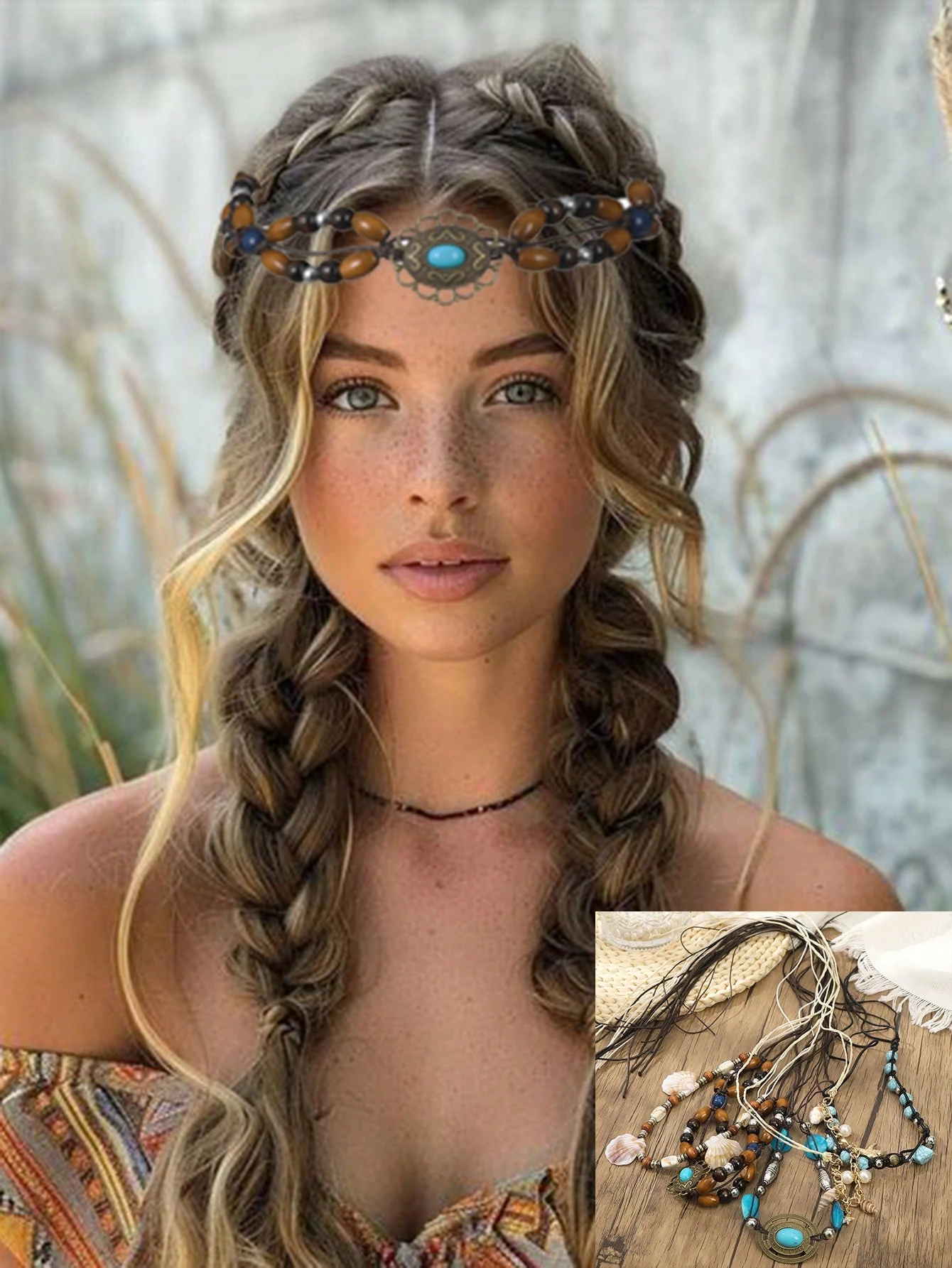 SHEIN Bohemian Style Beaded Shell Braided Headband Hair