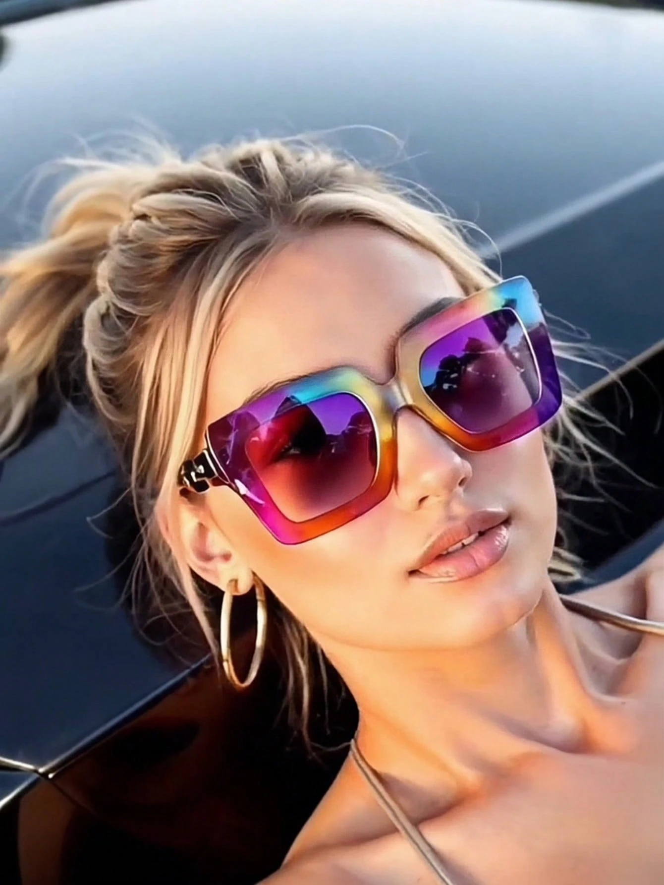 SHEIN Colorful Square Frame Faux Metal Chain Leg Fashion Glasses