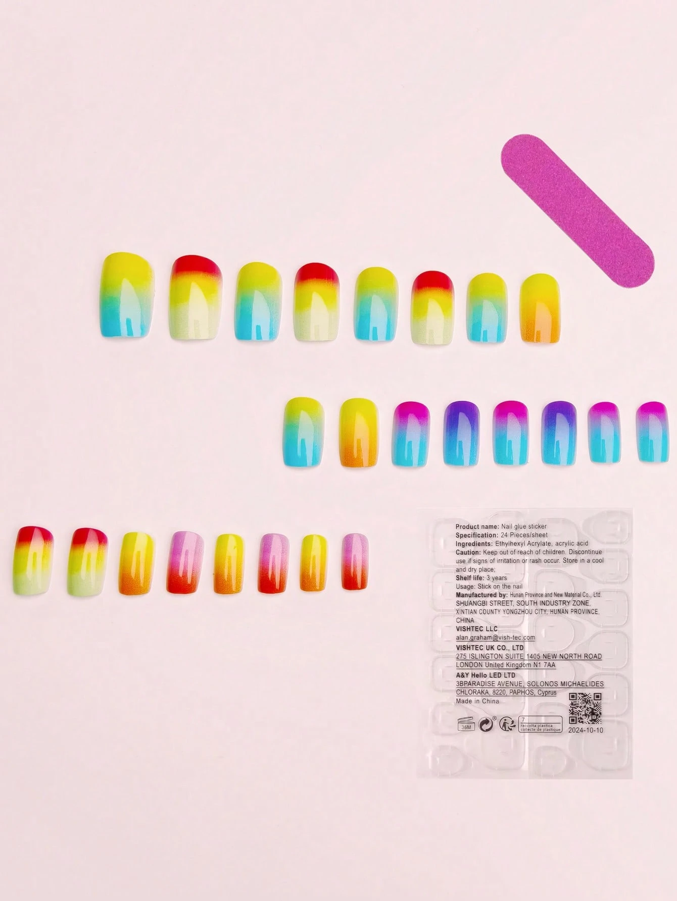 SHEIN 24Pcs Multi-Color Short Square Shiny Rainbow Ombre False Nails