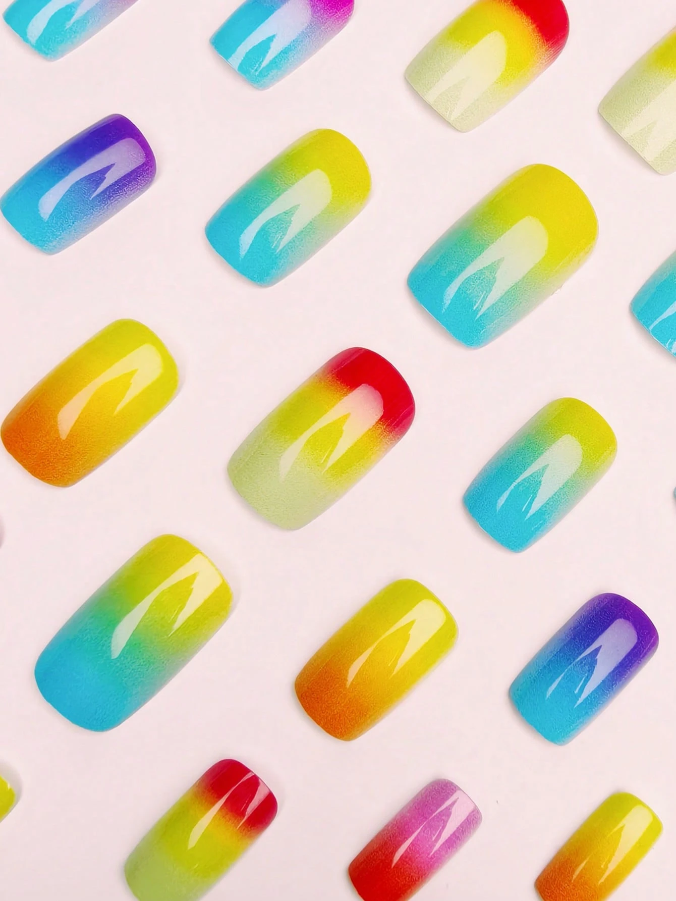 SHEIN 24Pcs Multi-Color Short Square Shiny Rainbow Ombre False Nails