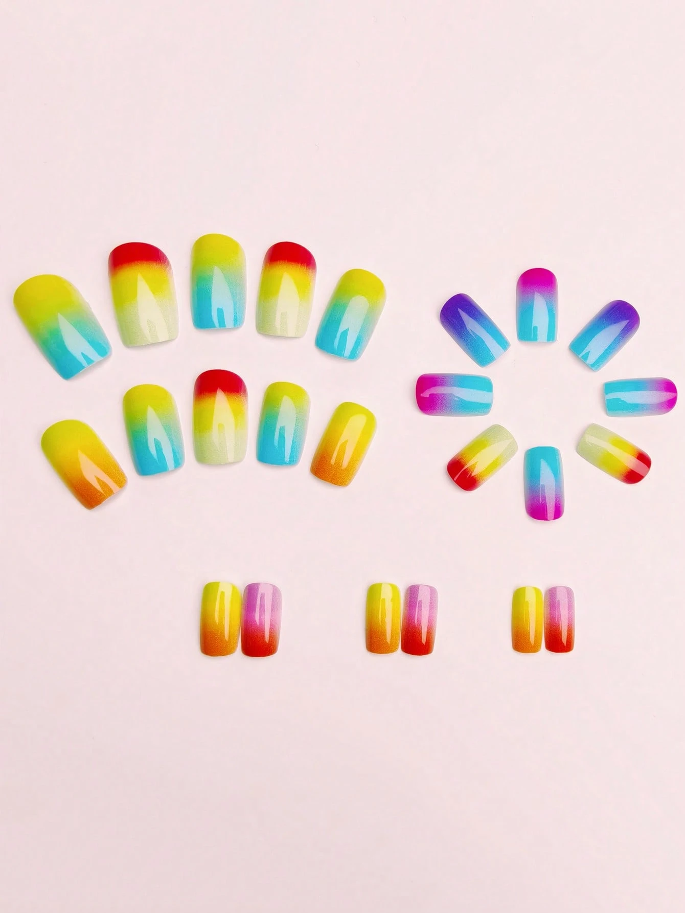 SHEIN 24Pcs Multi-Color Short Square Shiny Rainbow Ombre False Nails