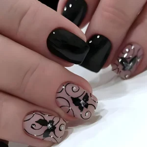 SHEIN Short Square Black Butterfly Striped Glitter Design Nail