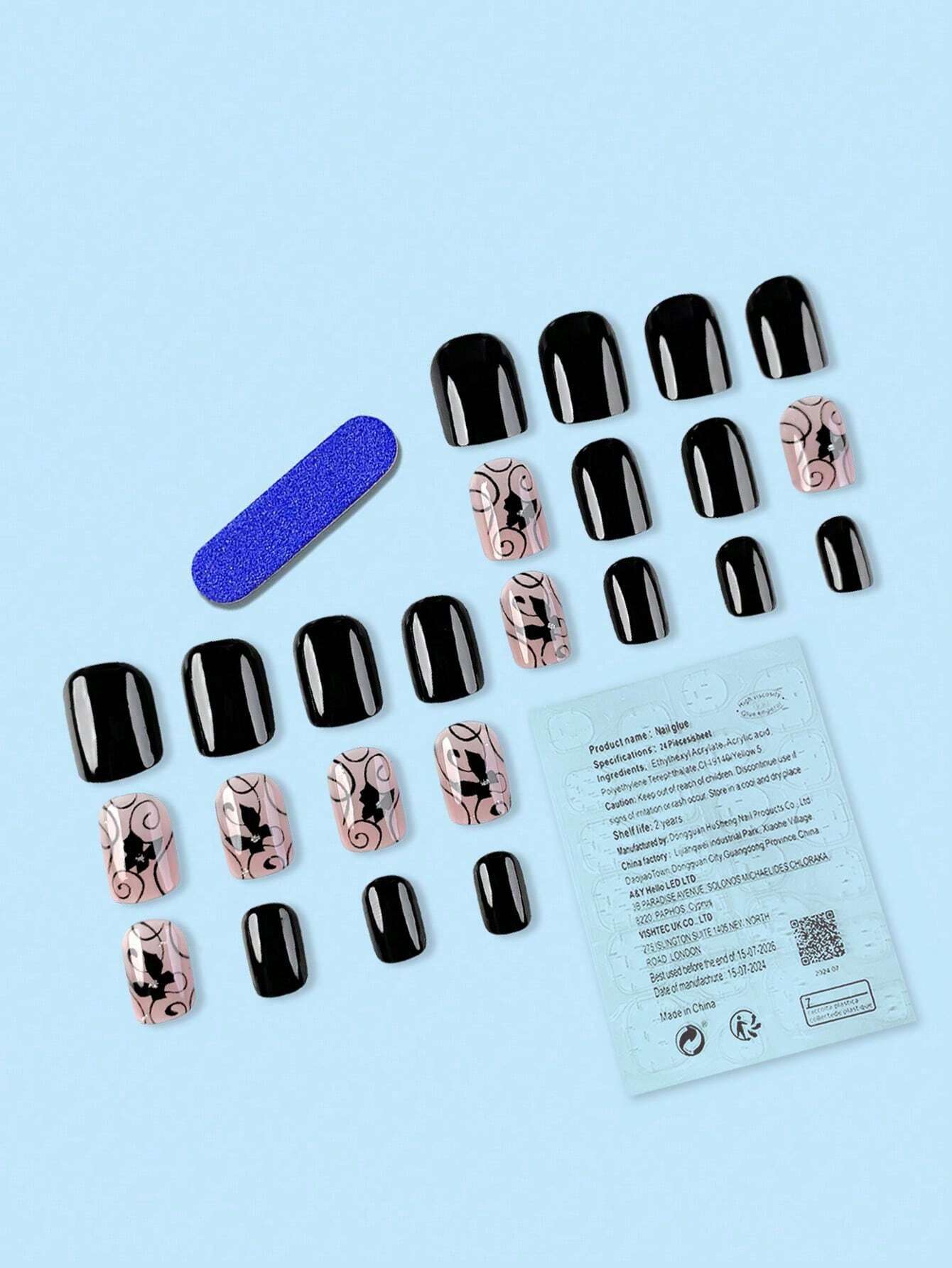 SHEIN Short Square Black Butterfly Striped Glitter Design Nail