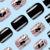 SHEIN Short Square Black Butterfly Striped Glitter Design Nail