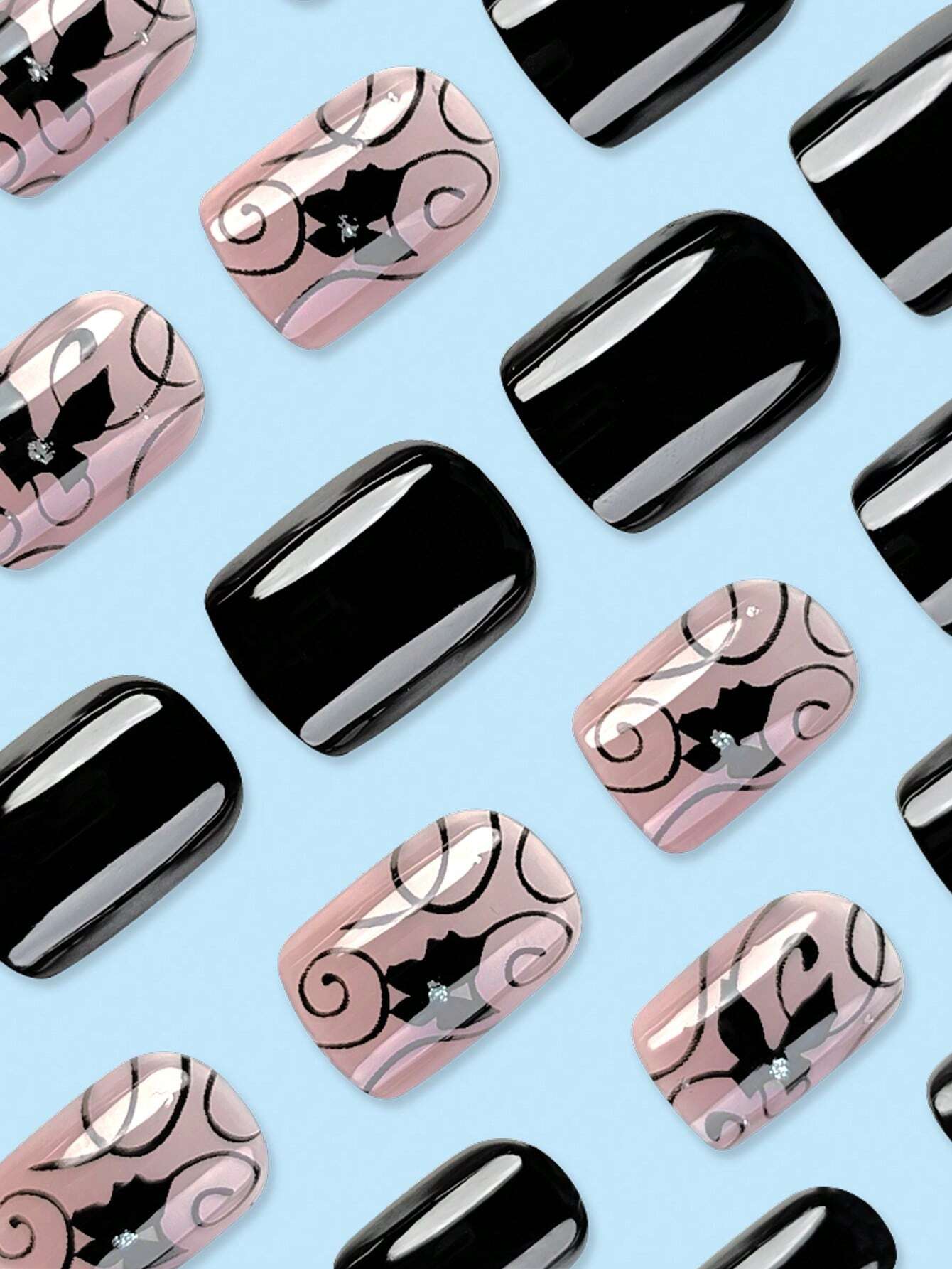 SHEIN Short Square Black Butterfly Striped Glitter Design Nail