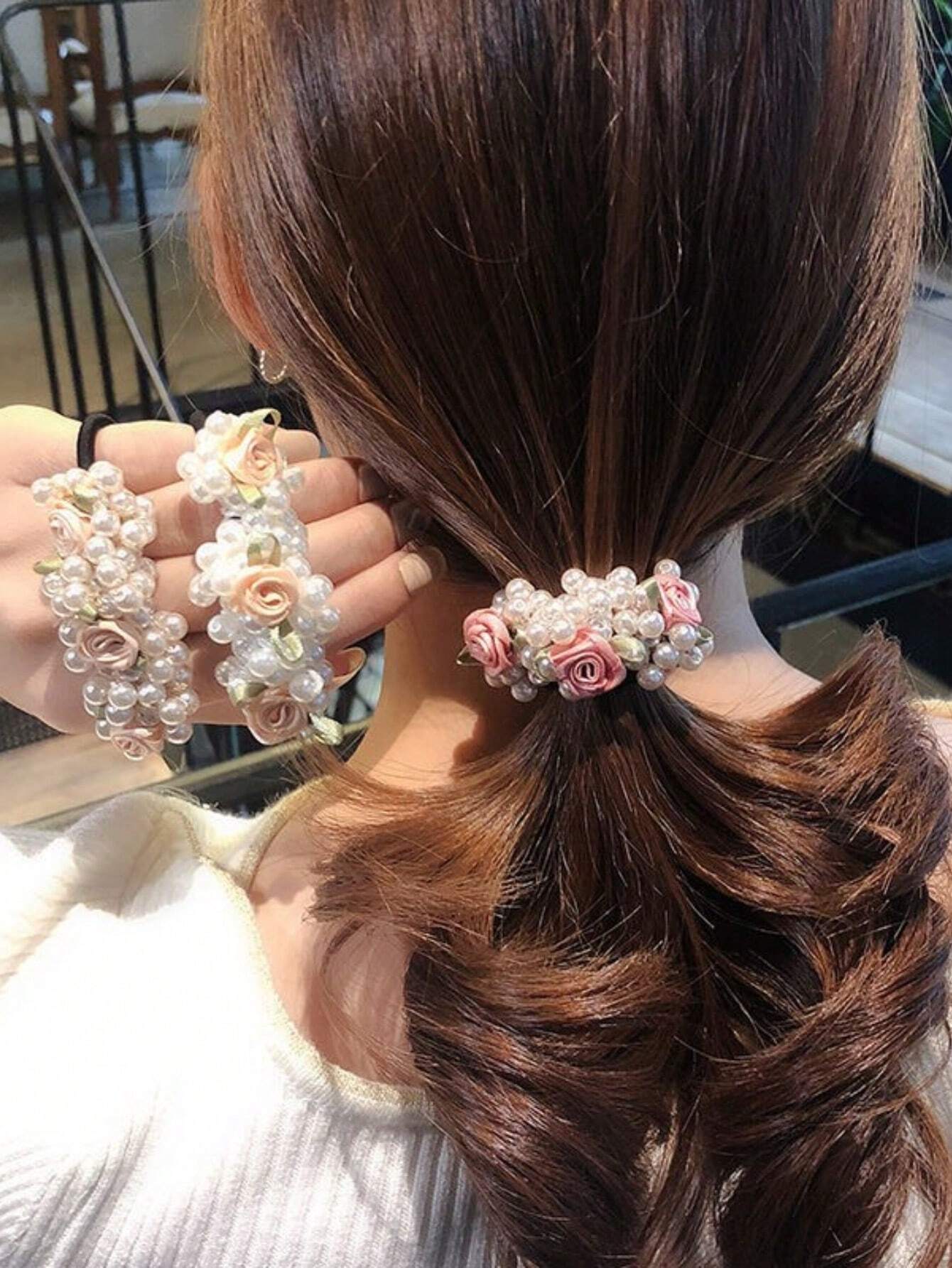 SHEIN 3pcs Rose & Faux Pearl Hair Ties For Women, Elastic Hair Ties, Fixing Hair
