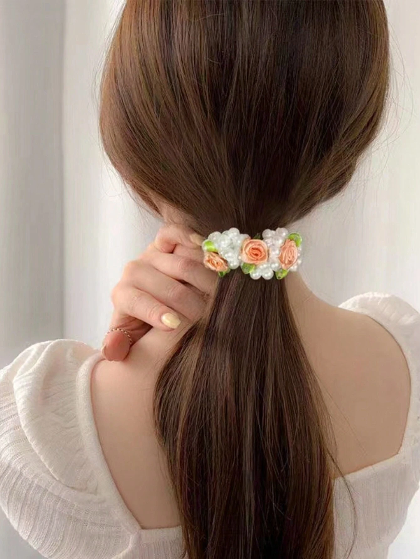 SHEIN 3pcs Rose & Faux Pearl Hair Ties For Women, Elastic Hair Ties, Fixing Hair