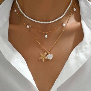 SHEIN 3pcs/Set Faux Pearl Tassel Starfish & Shell Decor Beaded Necklace Set