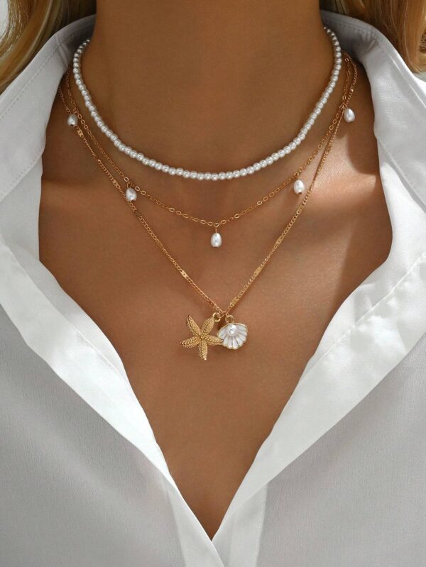 SHEIN 3pcs/Set Faux Pearl Tassel Starfish & Shell Decor Beaded Necklace Set