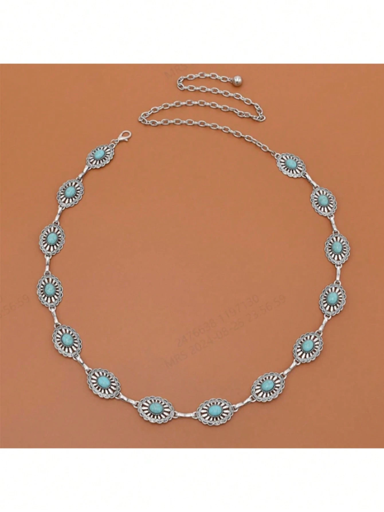 Antiqued Silver Metal Belt With Carnelian Stone Inlays And Engraved Retro Patterns