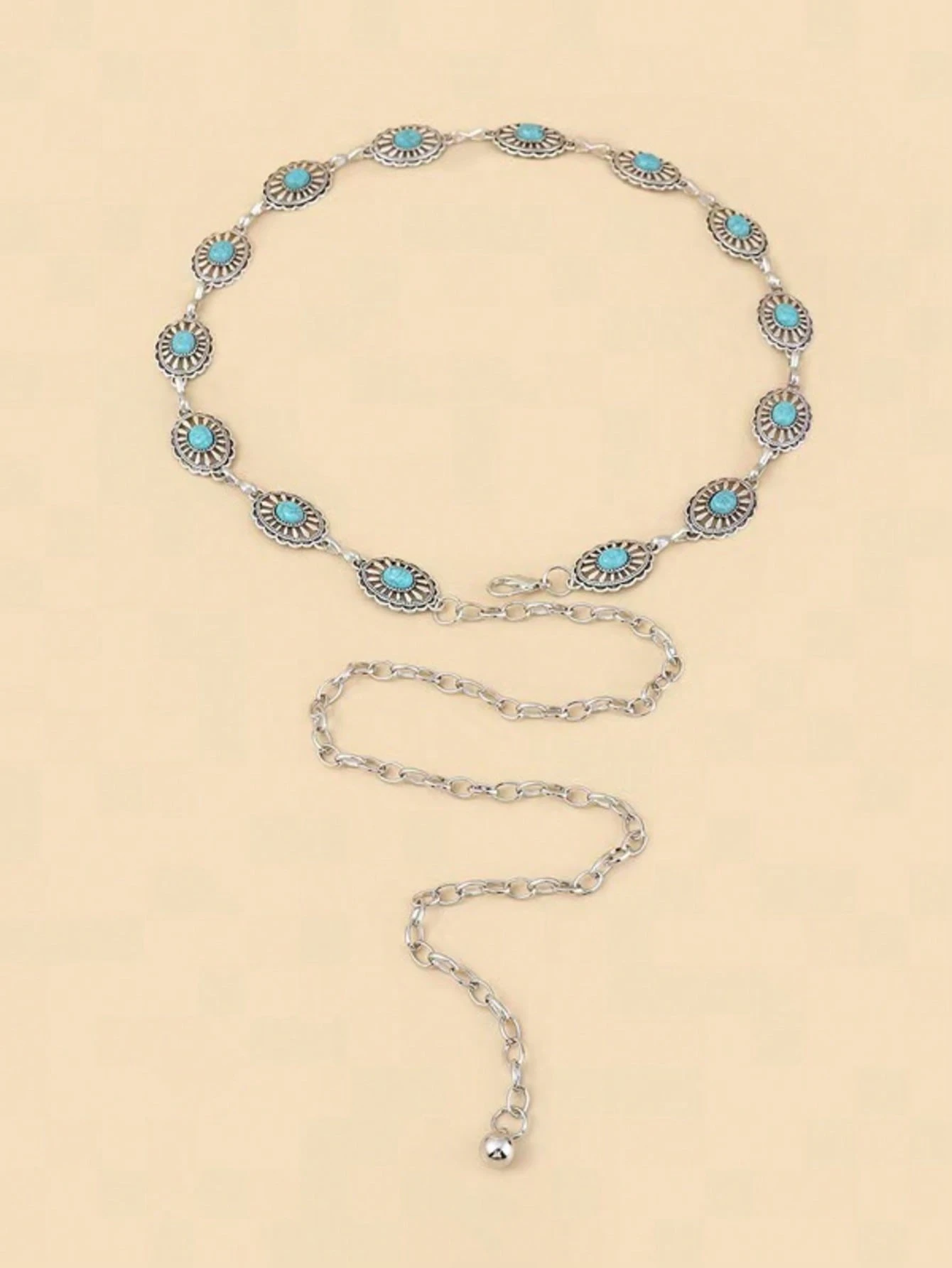 Antiqued Silver Metal Belt With Carnelian Stone Inlays And Engraved Retro Patterns