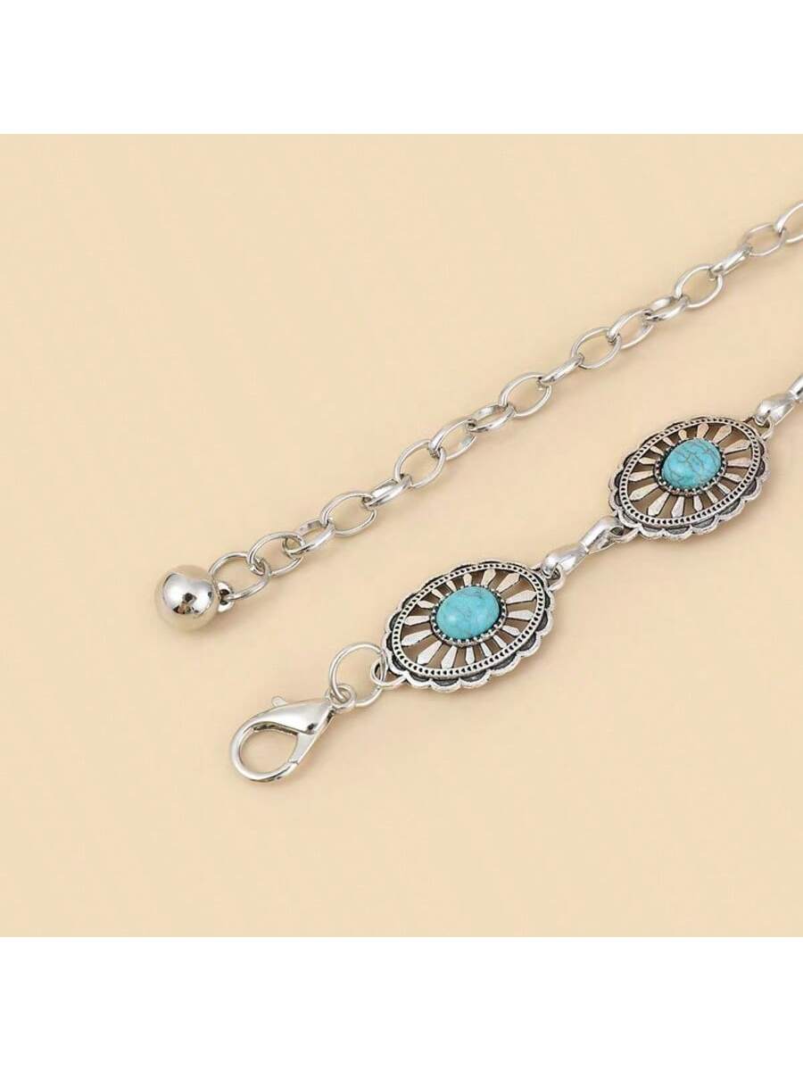 Antiqued Silver Metal Belt With Carnelian Stone Inlays And Engraved Retro Patterns