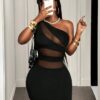 SHEIN BamGleam Black One Shoulder Splicing Sexy Mini Dress