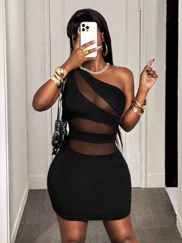 SHEIN BamGleam Black One Shoulder Splicing Sexy Mini Dress