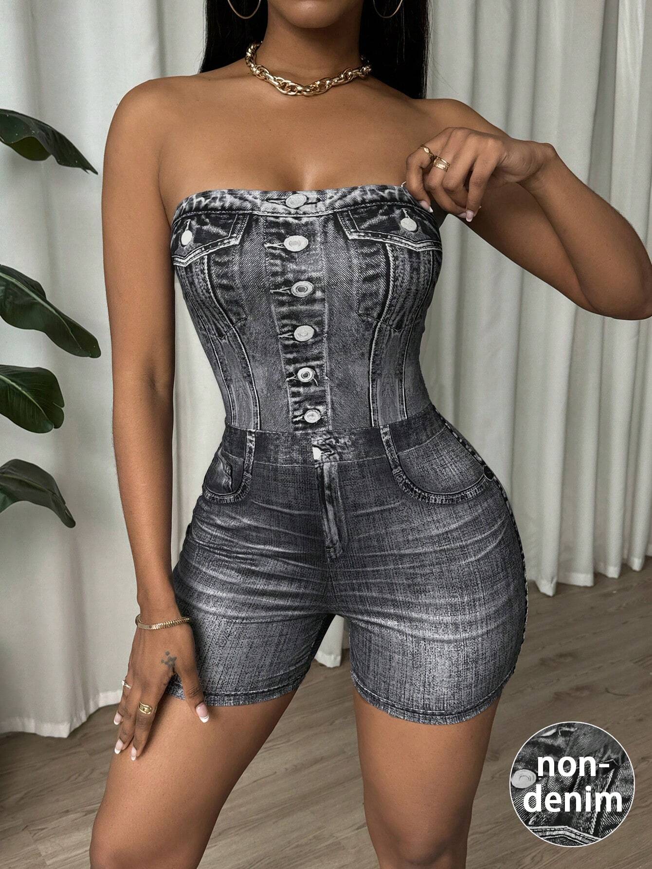 SHEIN BamGleam Tight Black Jumpsuit With Top Top Denim Effect