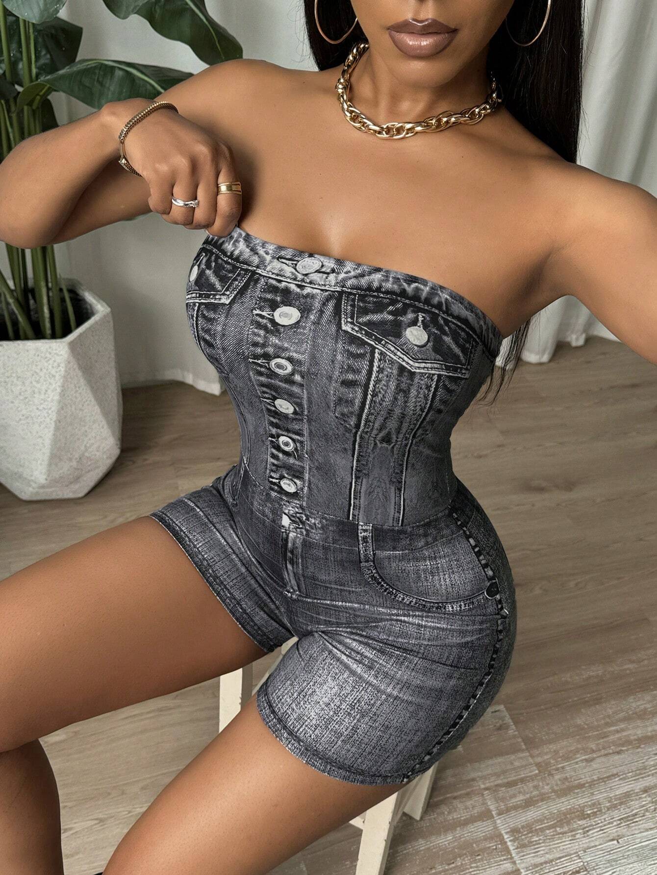 SHEIN BamGleam Tight Black Jumpsuit With Top Top Denim Effect