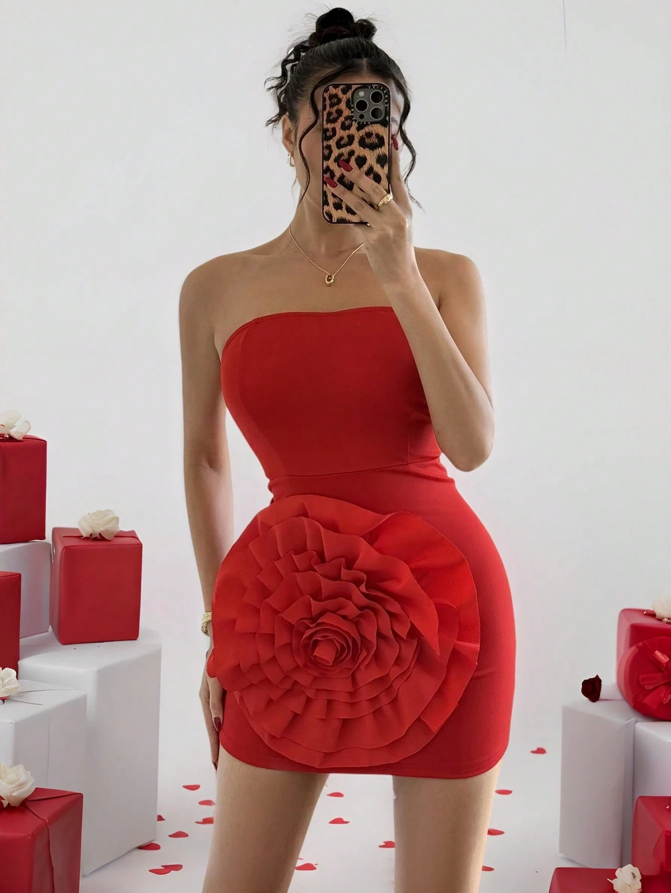 SHEIN Chiquease Women's Elegant 3D Floral Vibrant Red Bodycon Dress