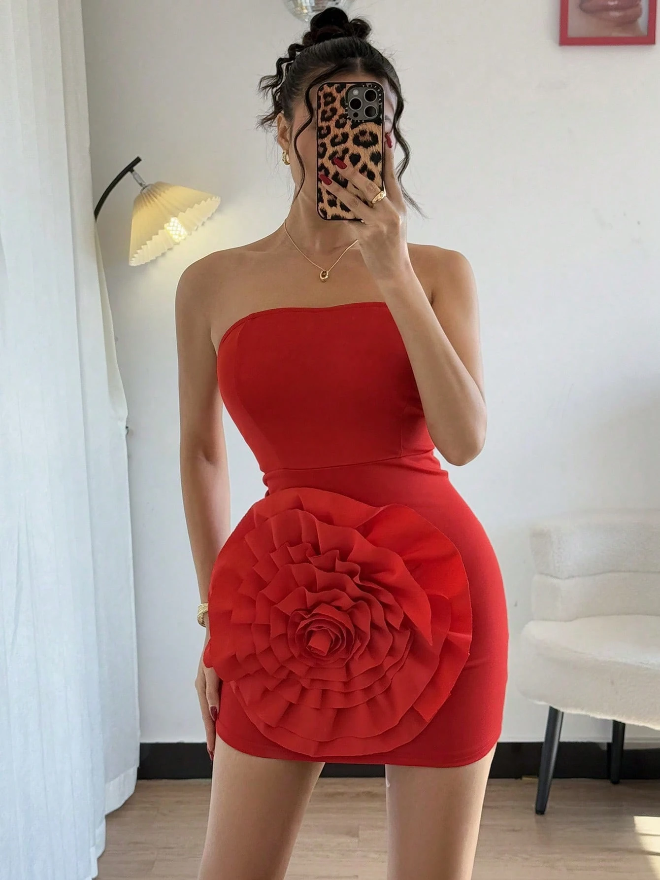 SHEIN Chiquease Women's Elegant 3D Floral Vibrant Red Bodycon Dress