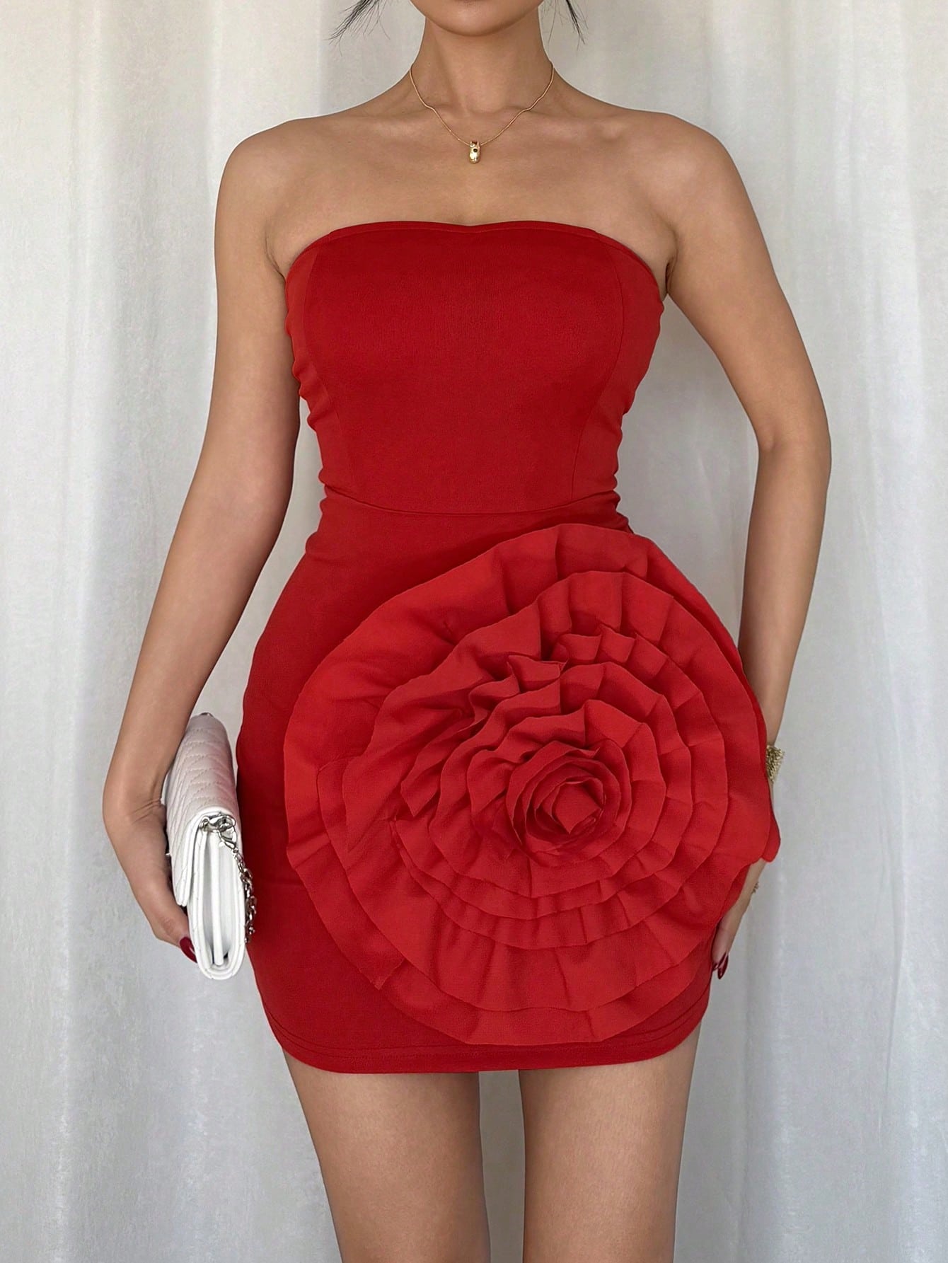 SHEIN Chiquease Women's Elegant 3D Floral Vibrant Red Bodycon Dress