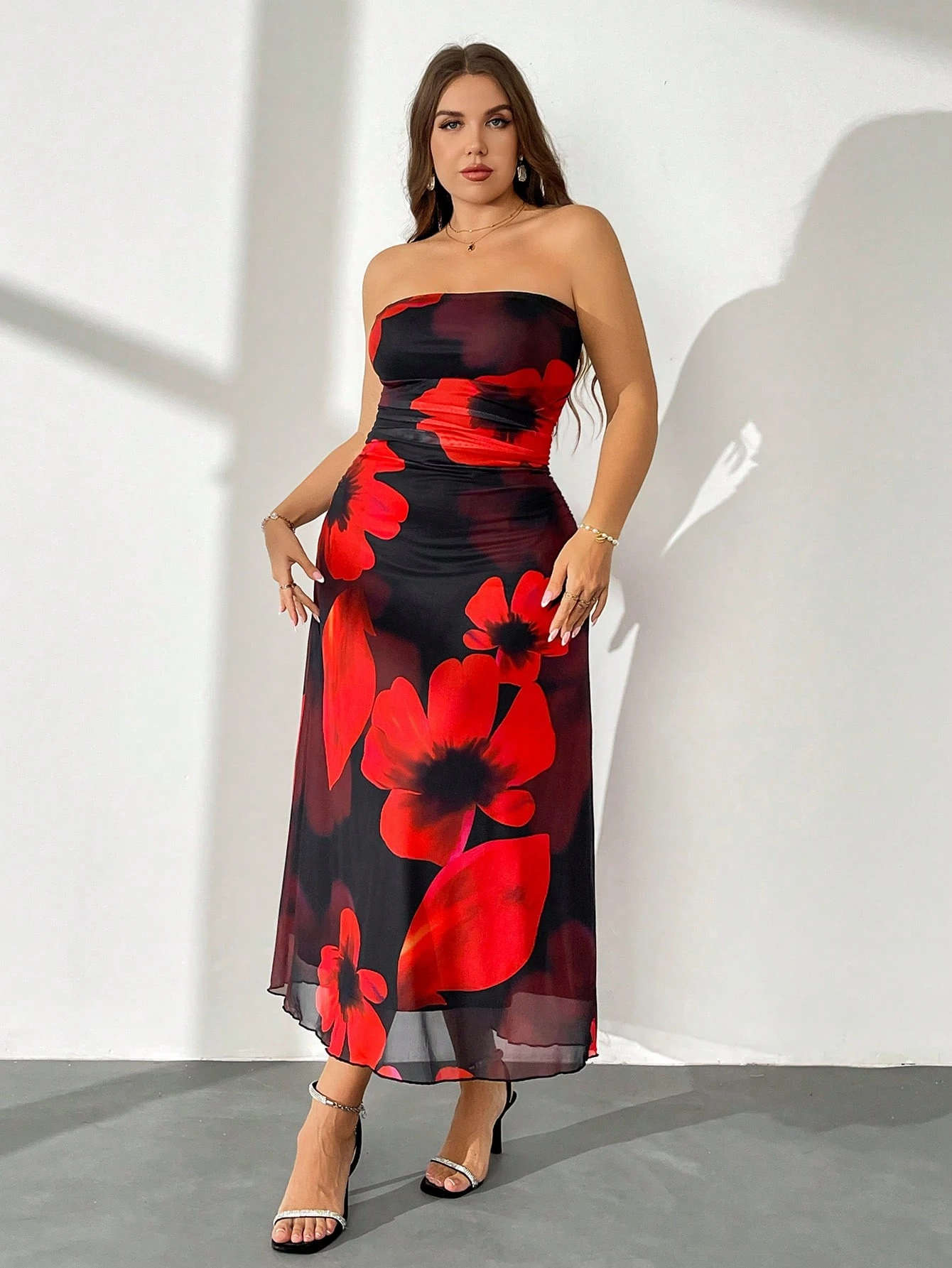 SHEIN Firerie Plus Size Women's Elegant Floral Mesh Dress