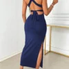 SHEIN INAWLY Bodycon Sexy V-Neck Backless Criss-Cross Strap Thigh Slit Dress