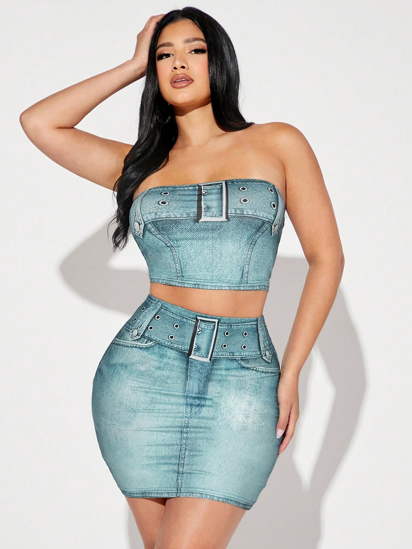 SHEIN SXY Denim-Effect Print Tube Top & Bodycon Skirt