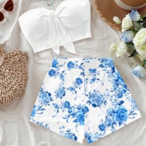 SHEIN Soleia 2pcs Set Blue Retro Floral Pattern Vintage Style Casual Vacation Sexy